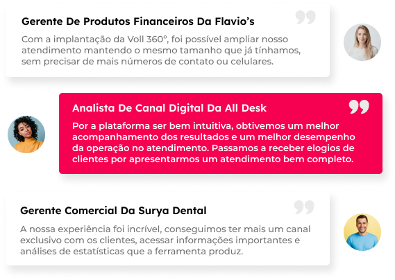 Imagem com depoimentos de clientes da Voll Solutions. Nela tem os depoimentos dos clientes: Flavi'os, All Desk e Surya Dental. Todos elogiam a experiência positiva com a Voll Solutions.