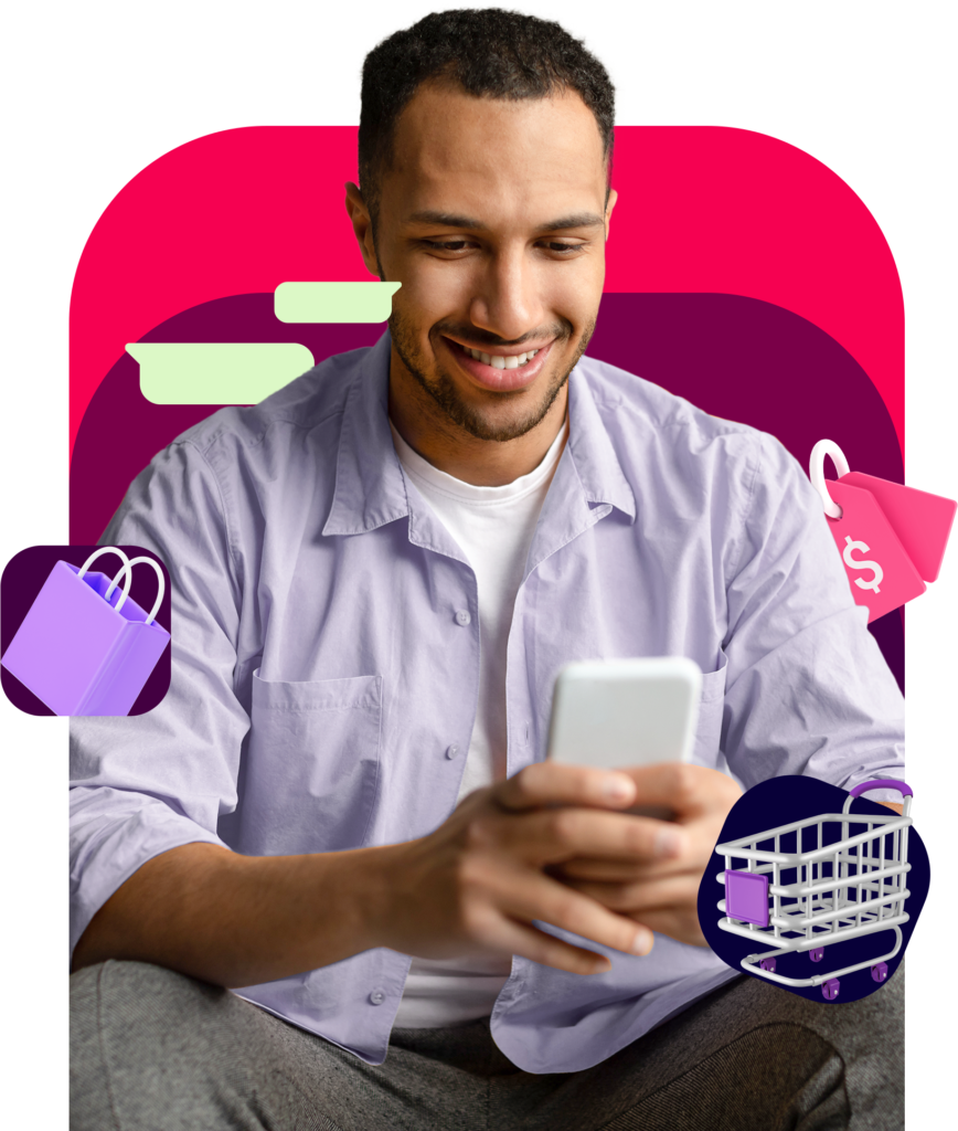 Homem fazendo compras online e sendo atendimento com os serviços do Voll 360