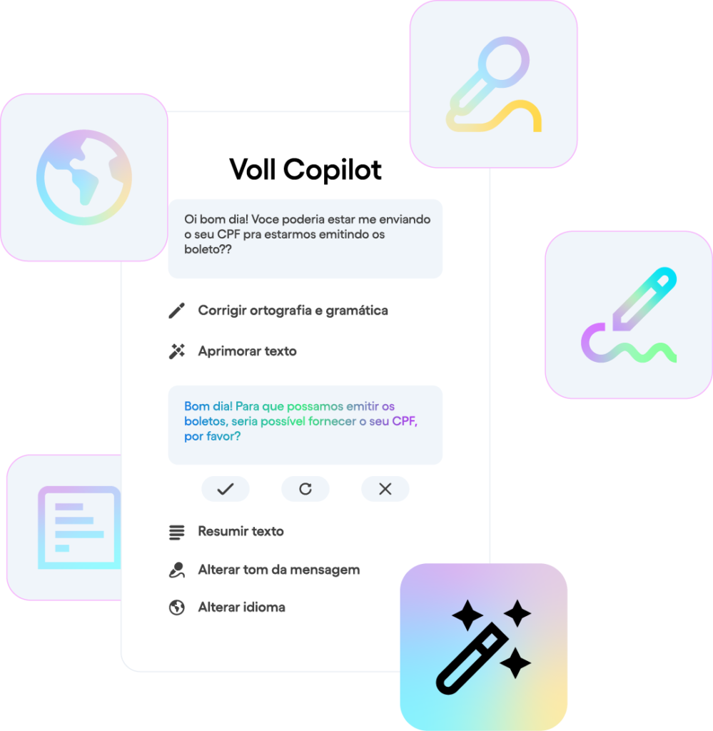 Ferramenta do Voll 360º com inteligência artificial para corrigir, melhorar, resumir e alterar tom de voz e idioma
